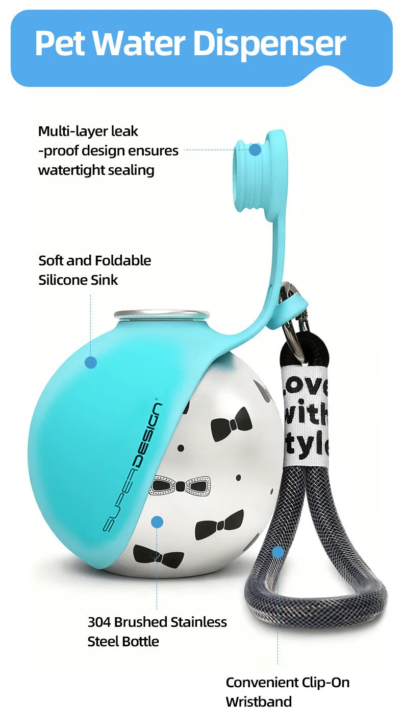 Pet water dispenser with features highlighted on a white background